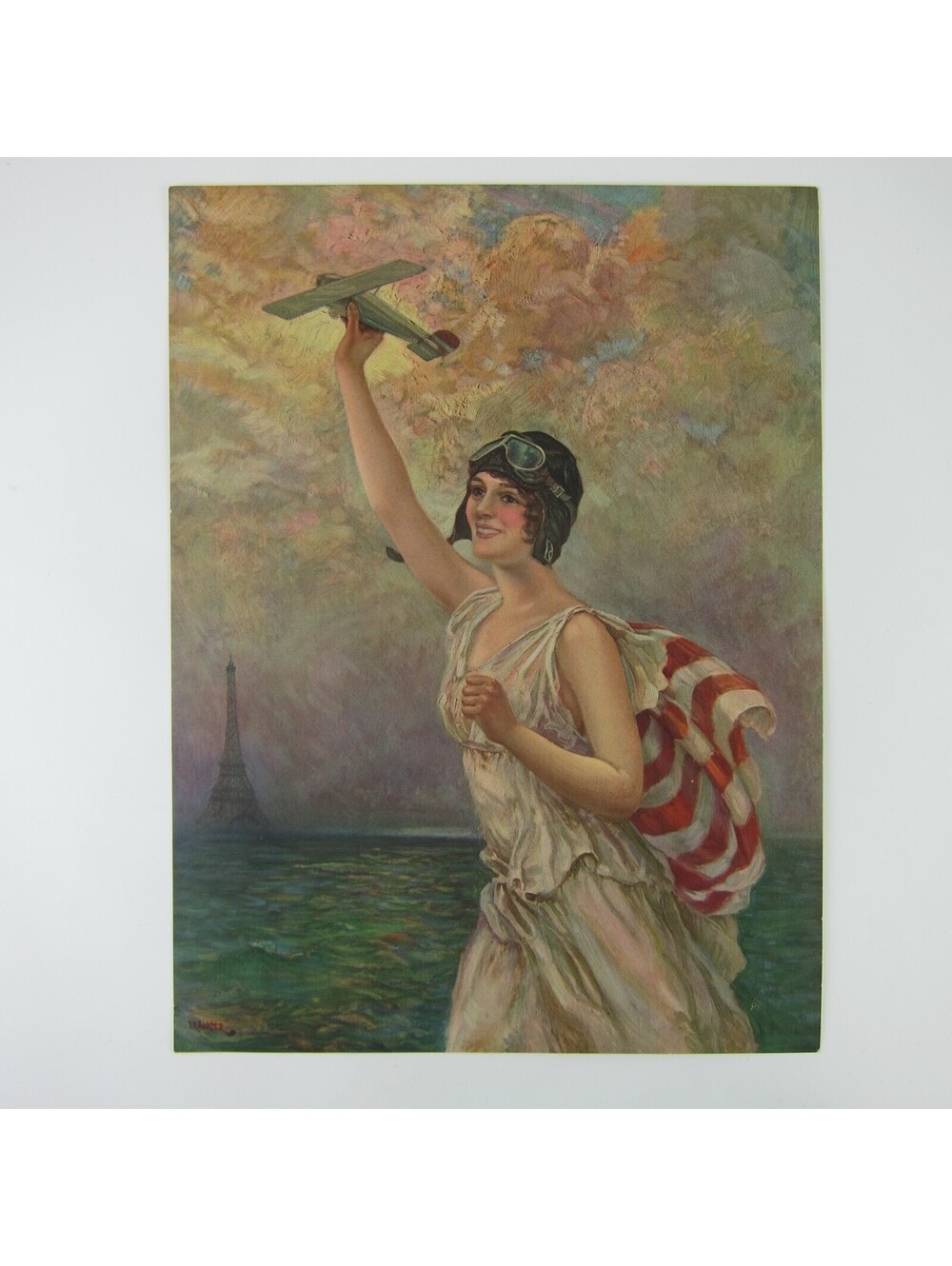 F.R. Harper Print Lady Aviator Pilot Cap Holds Plane American Flag Vintage 1930s